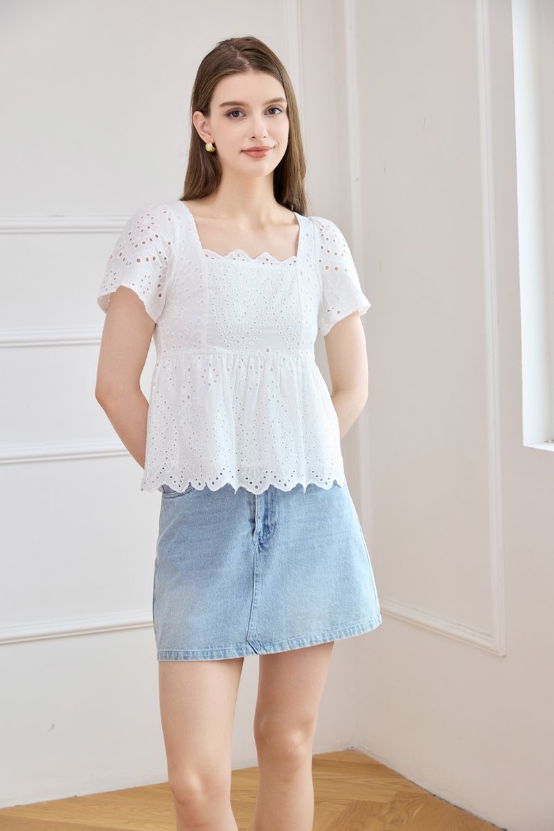 Amora Eyelet Scallop Babydoll Top In White