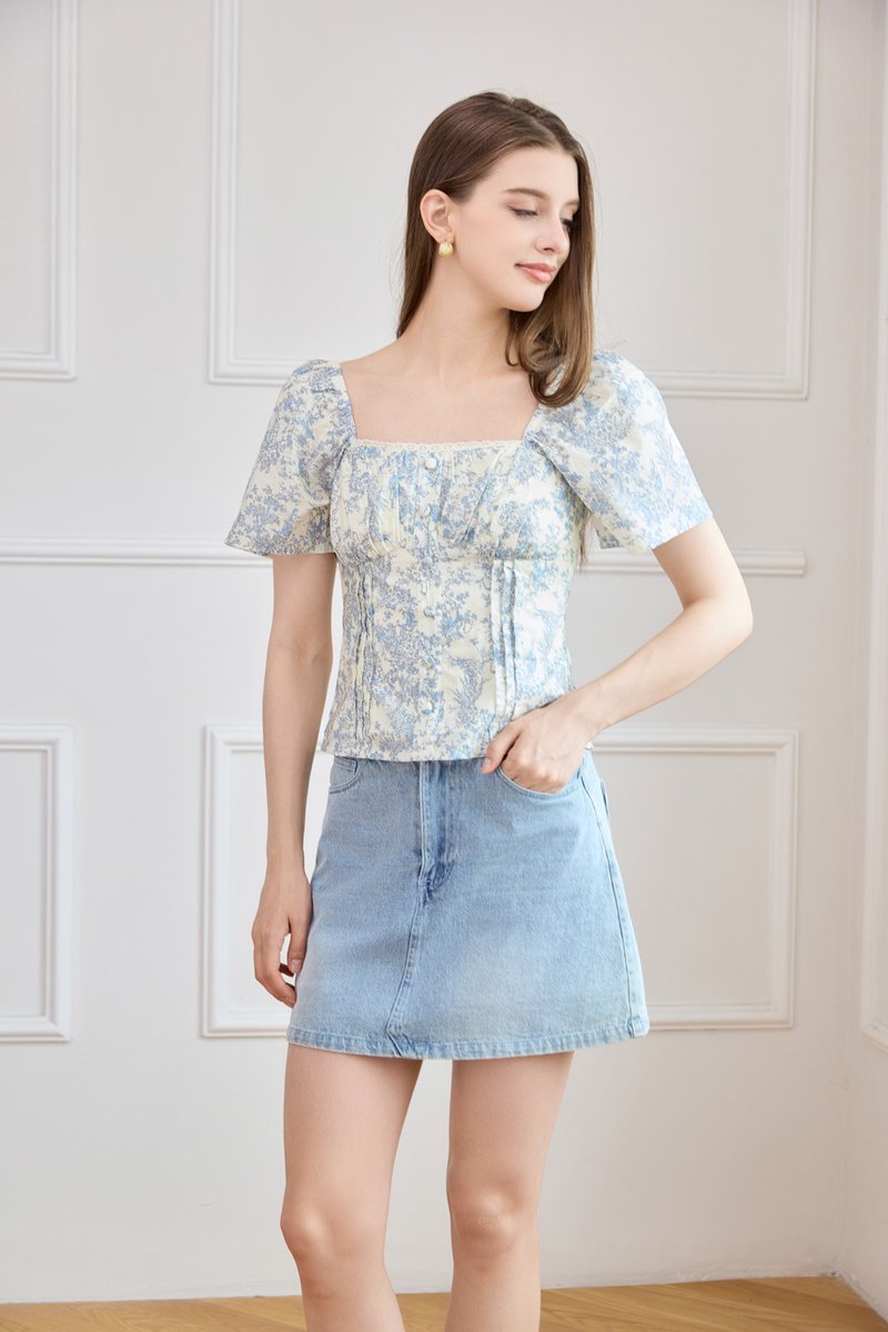 Madelyn Printed Crochet Top in Blue