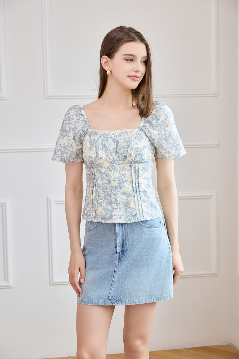 Madelyn Printed Crochet Top in Blue