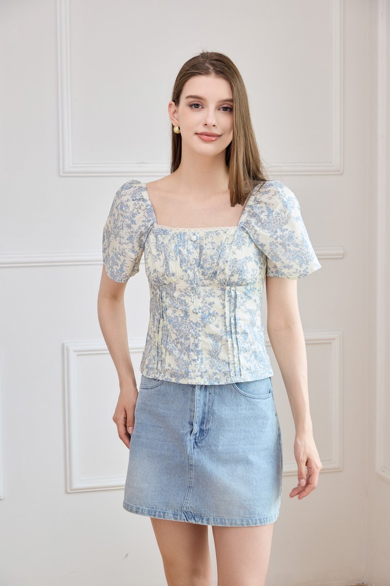 Madelyn Printed Crochet Top in Blue