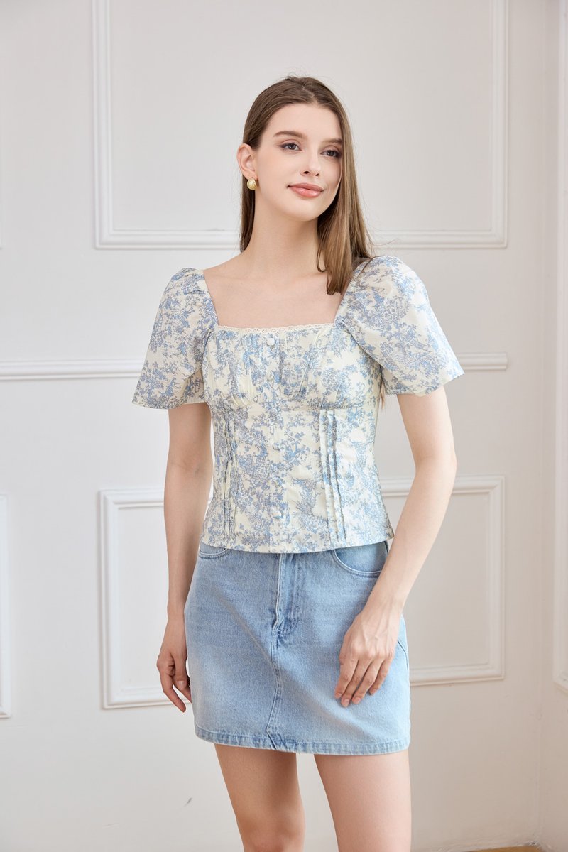 Madelyn Printed Crochet Top in Blue