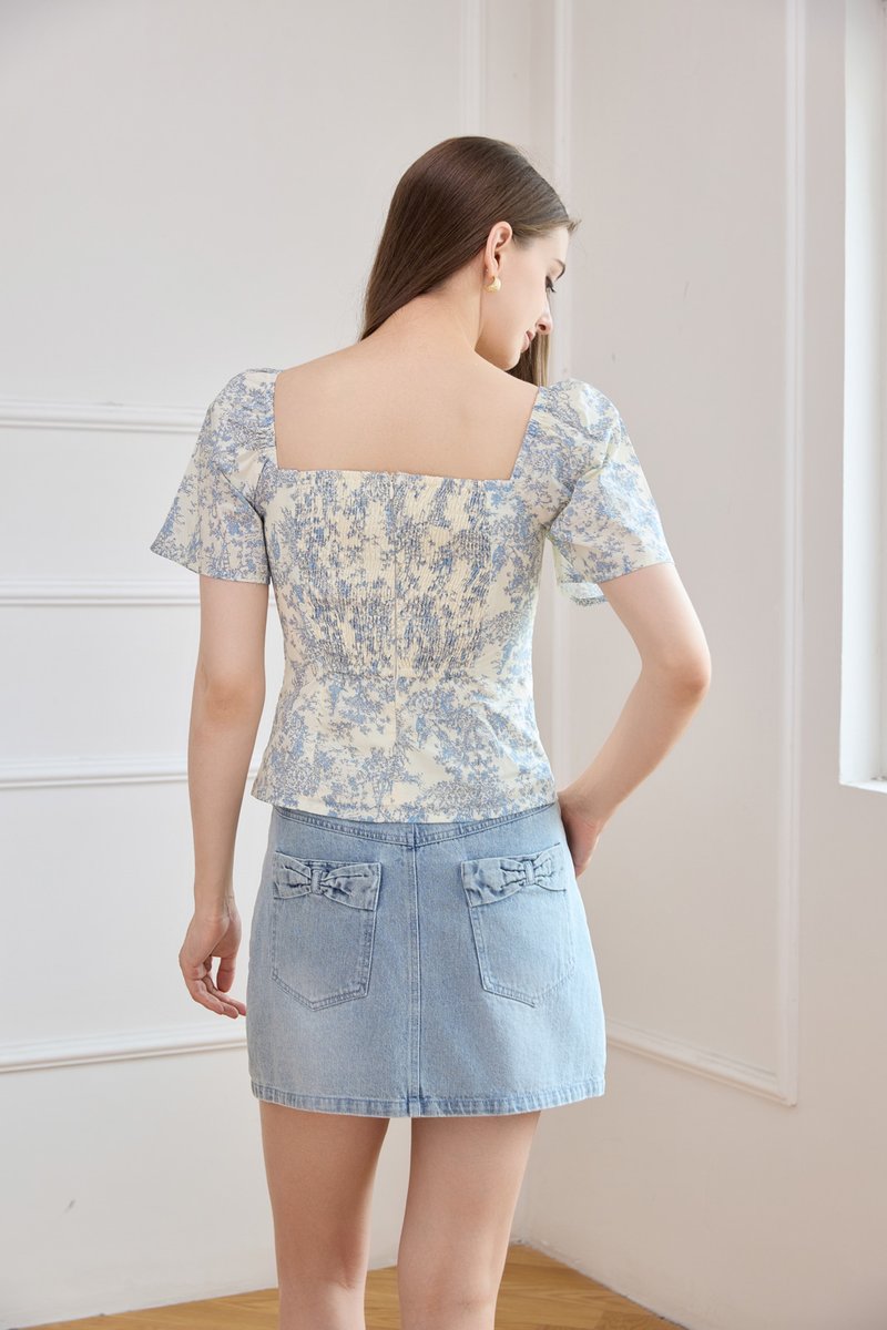 Madelyn Printed Crochet Top in Blue
