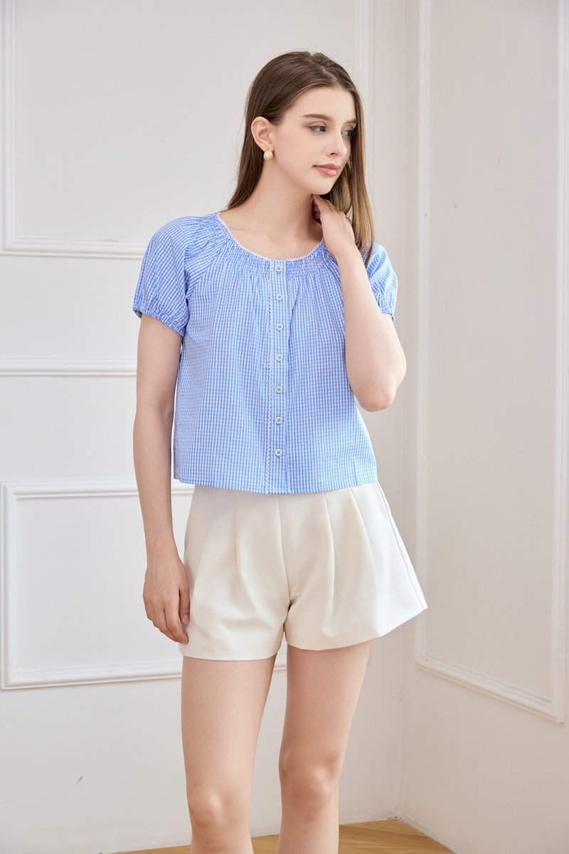 Lavinia Gingham Button Top In Blue
