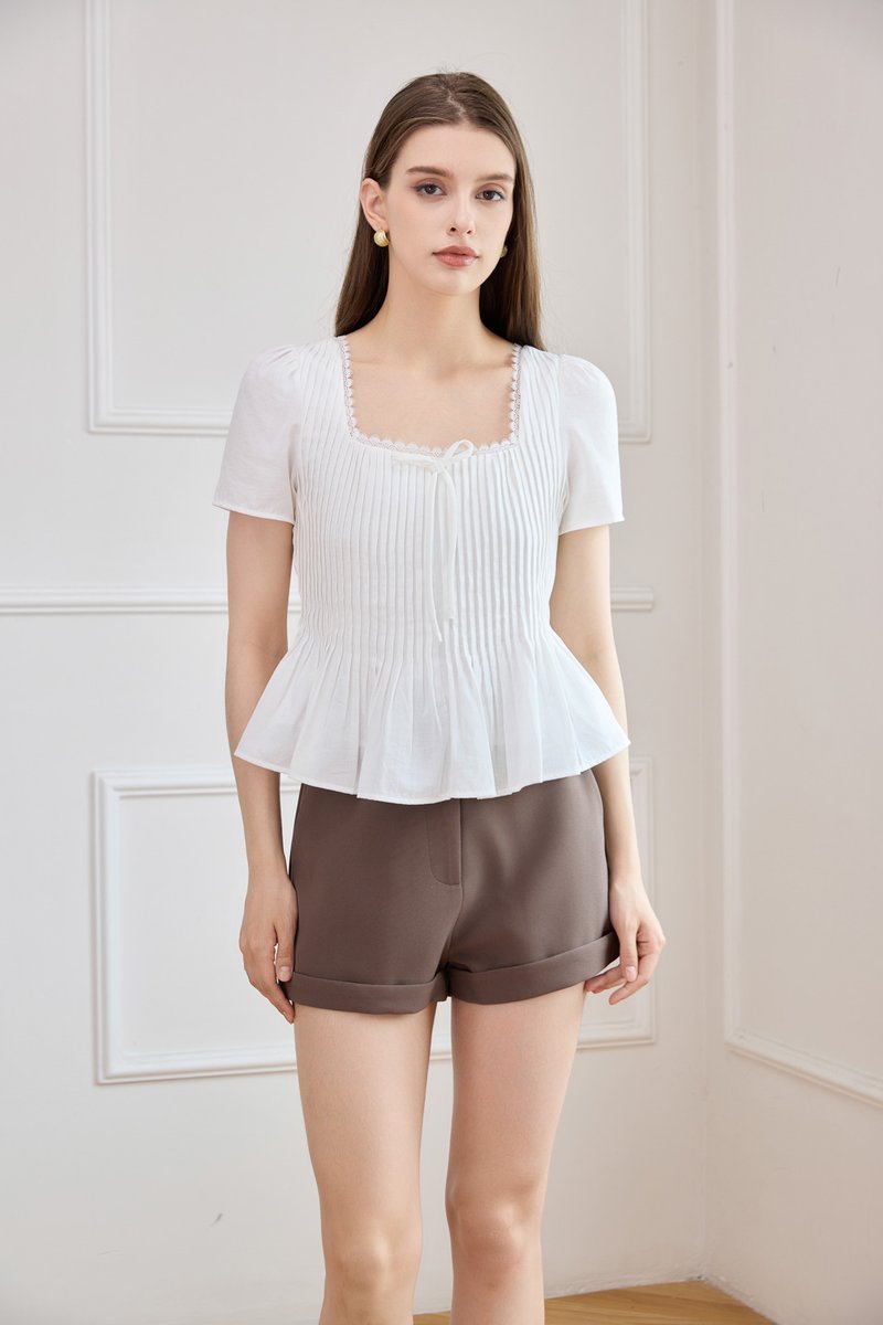 Jones Pintuck Lacey Ribbon Top In White