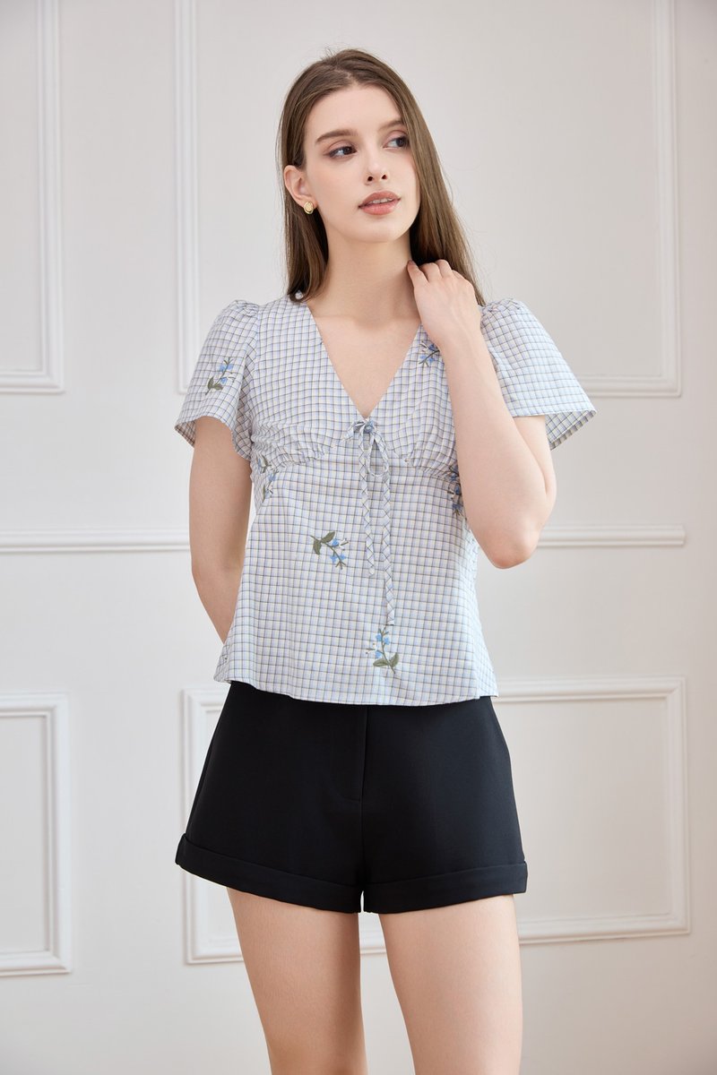Jordyn Checkered Embroidery Ribbon Top