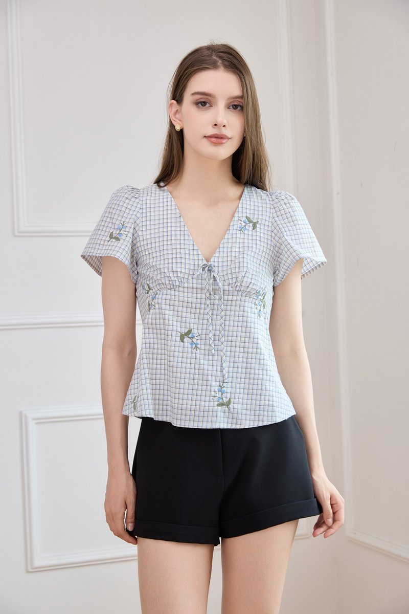 Jordyn Checkered Embroidery Ribbon Top