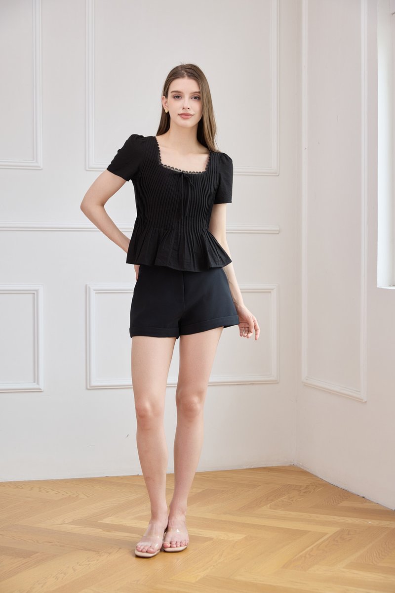 Jones Pintuck Lacey Ribbon Top In Black