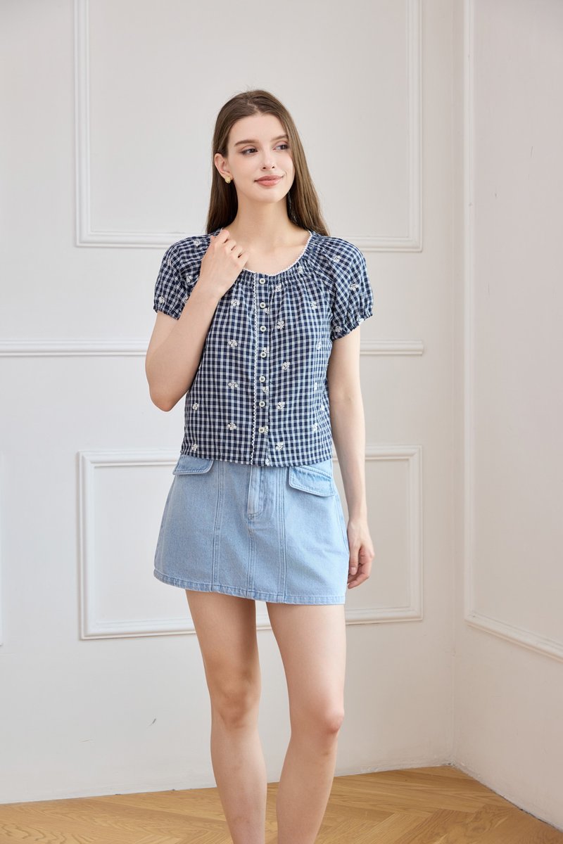 Lavinia Gingham Button Top In Navy