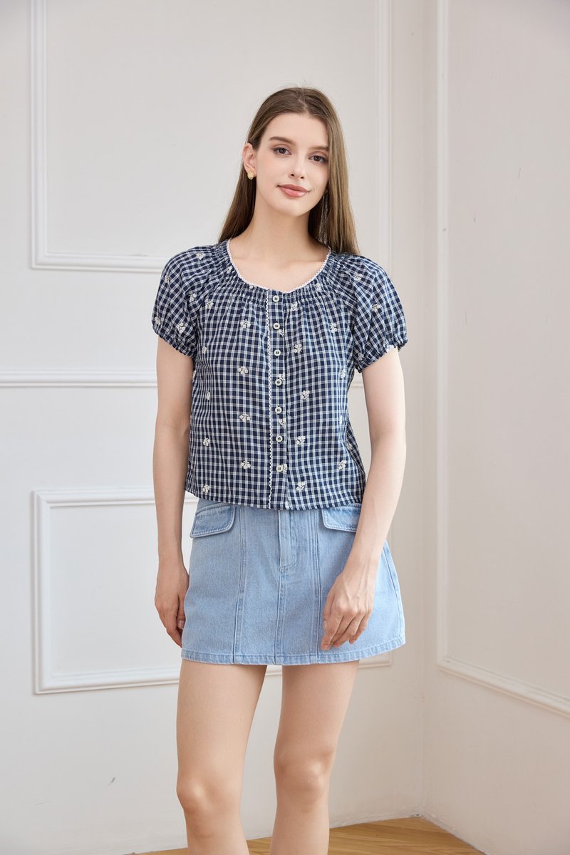 Lavinia Gingham Button Top In Navy