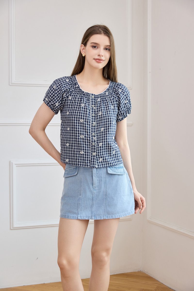 Lavinia Gingham Button Top In Navy
