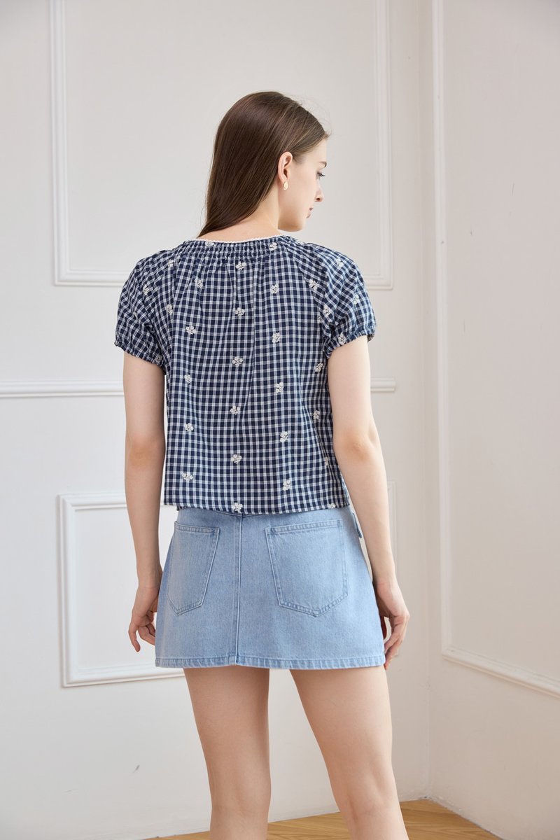 Lavinia Gingham Button Top In Navy