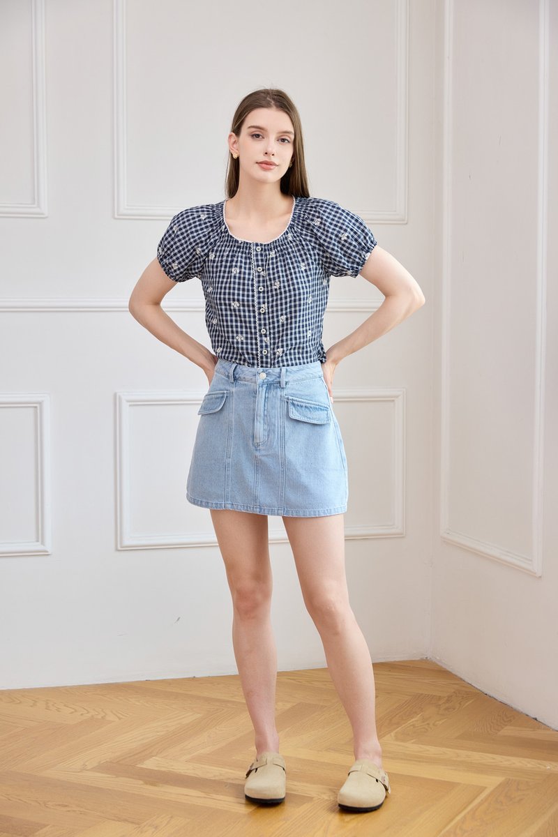 Wren Pocket Flap Denim Skort in Light Wash