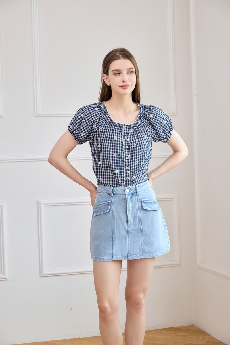 Wren Pocket Flap Denim Skort in Light Wash