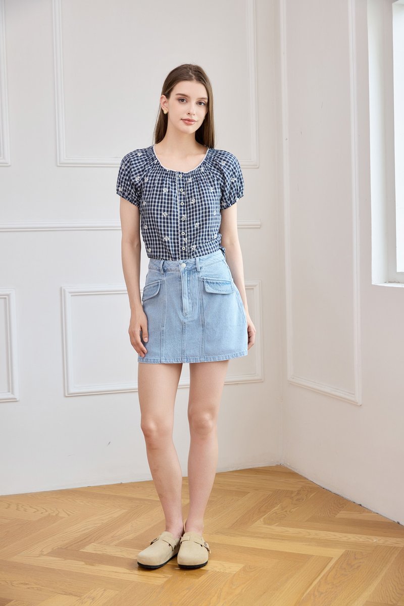 Wren Pocket Flap Denim Skort in Light Wash