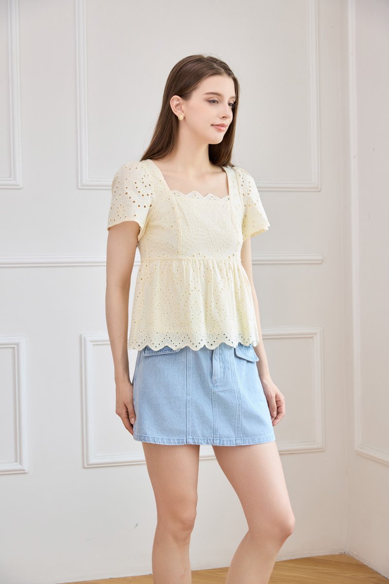 Amora Eyelet Scallop Babydoll Top In Butter Yellow