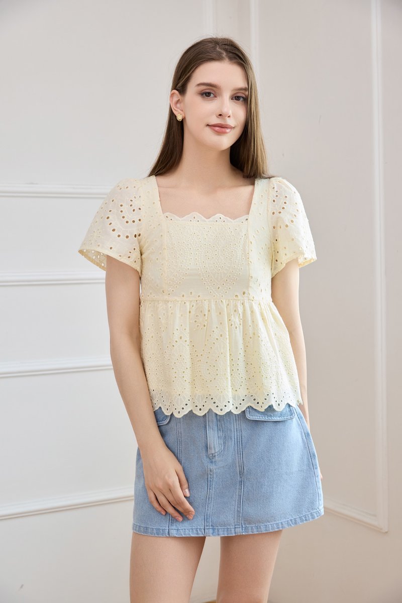 Amora Eyelet Scallop Babydoll Top In Butter Yellow
