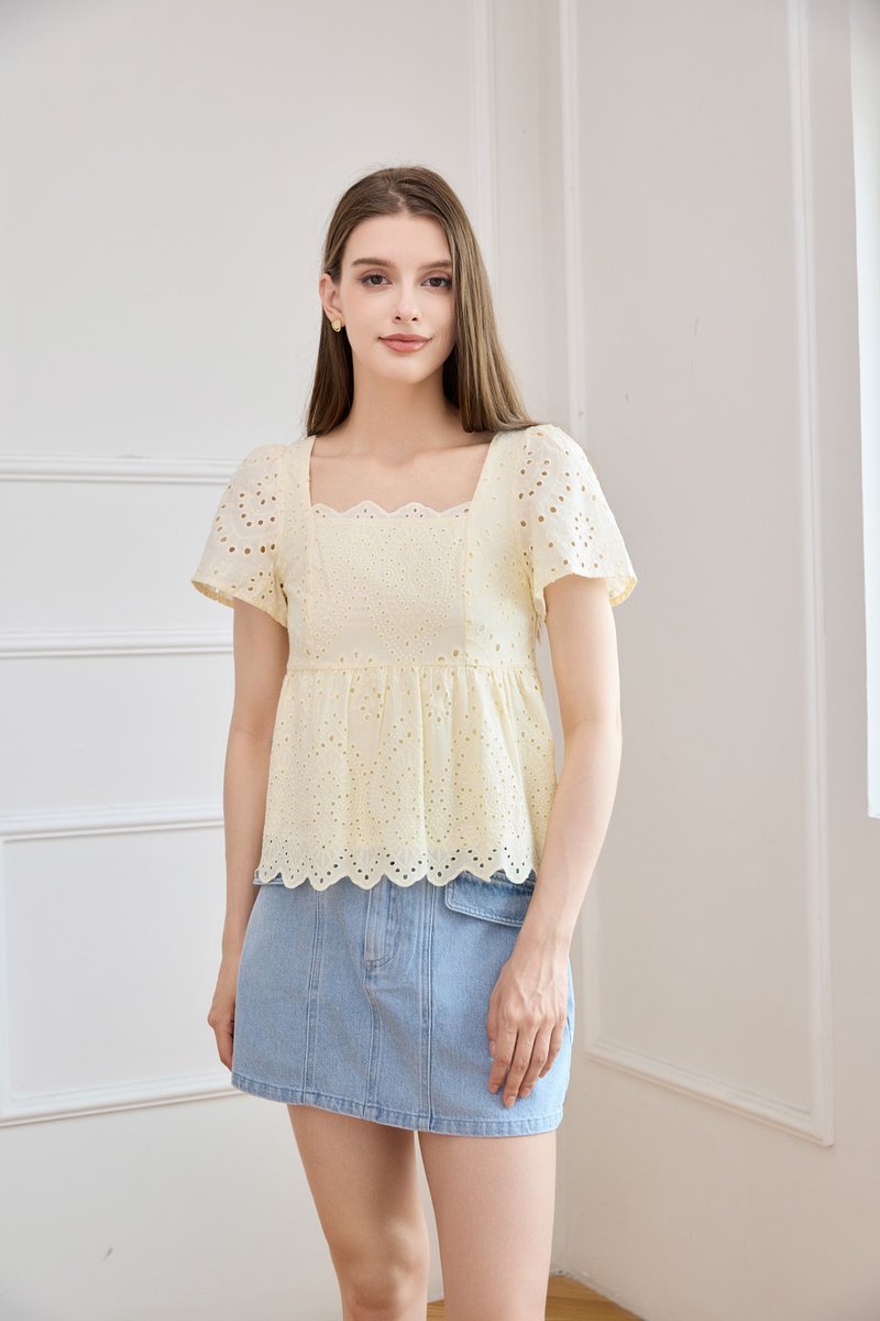 Amora Eyelet Scallop Babydoll Top In Butter Yellow