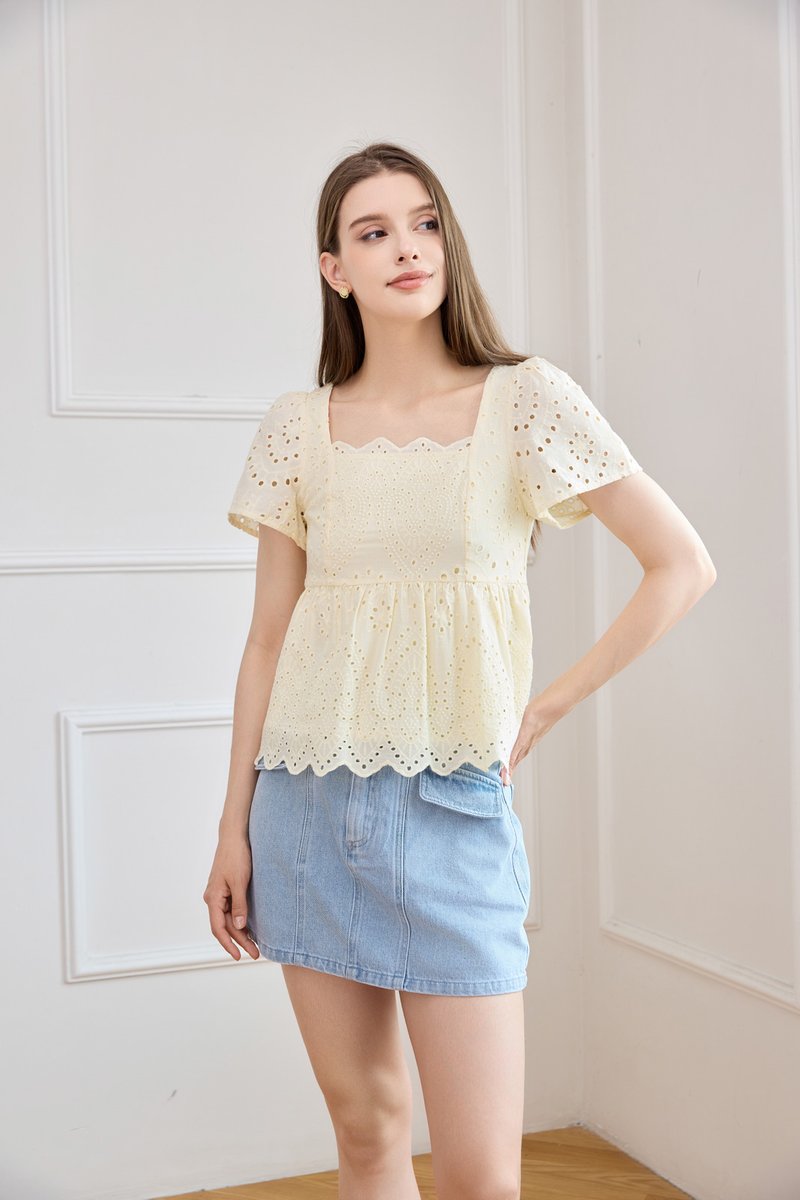 Amora Eyelet Scallop Babydoll Top In Butter Yellow