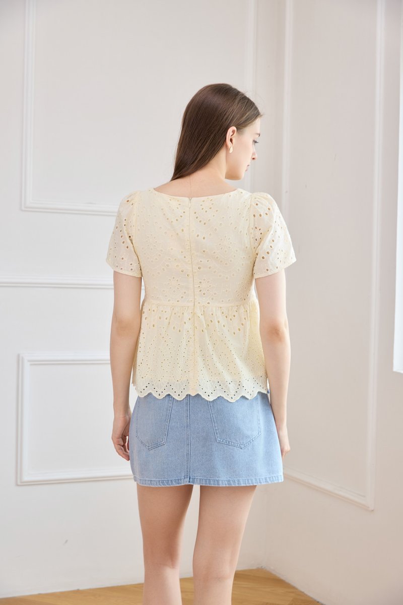 Amora Eyelet Scallop Babydoll Top In Butter Yellow