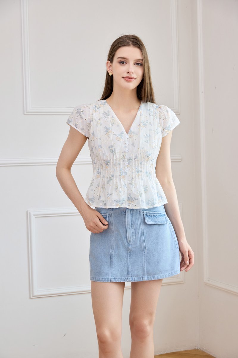 Joy Embroidery Pintuck Floral Top In White