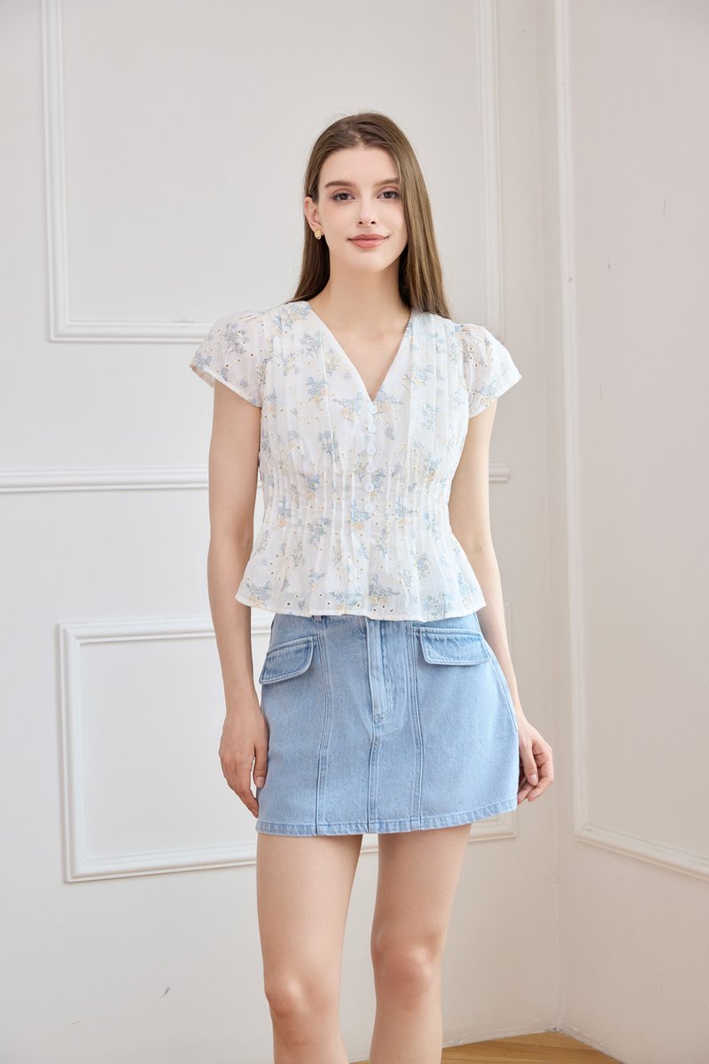 Joy Embroidery Pintuck Floral Top In White