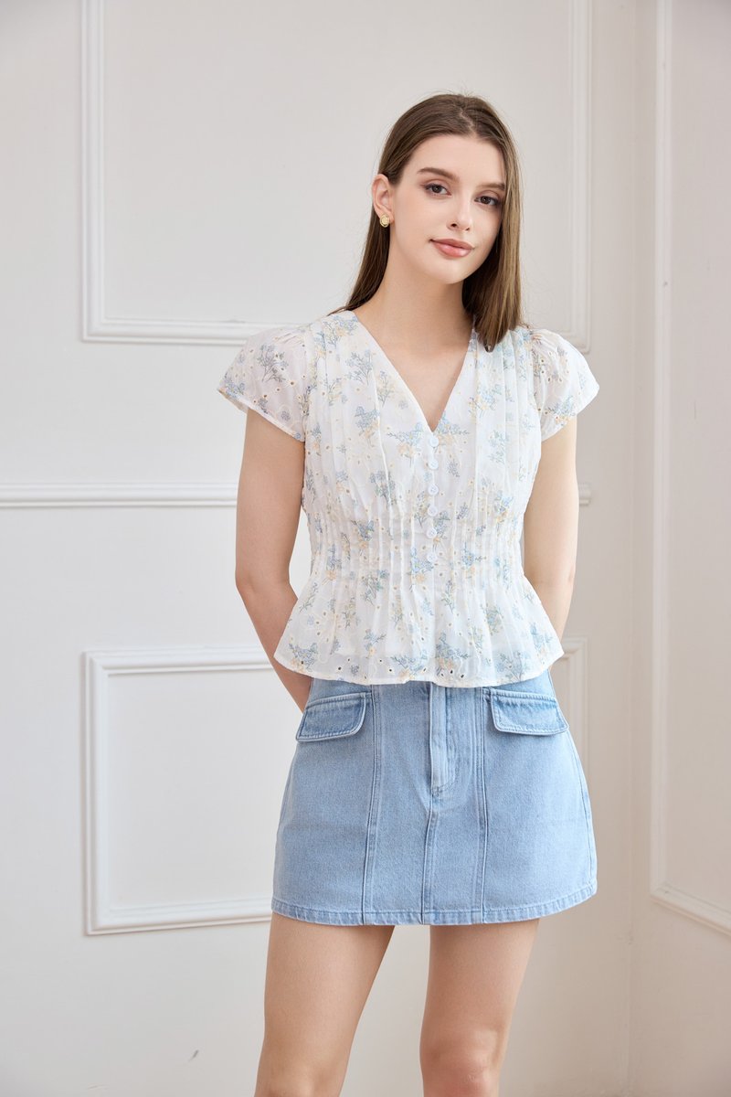 Joy Embroidery Pintuck Floral Top In White
