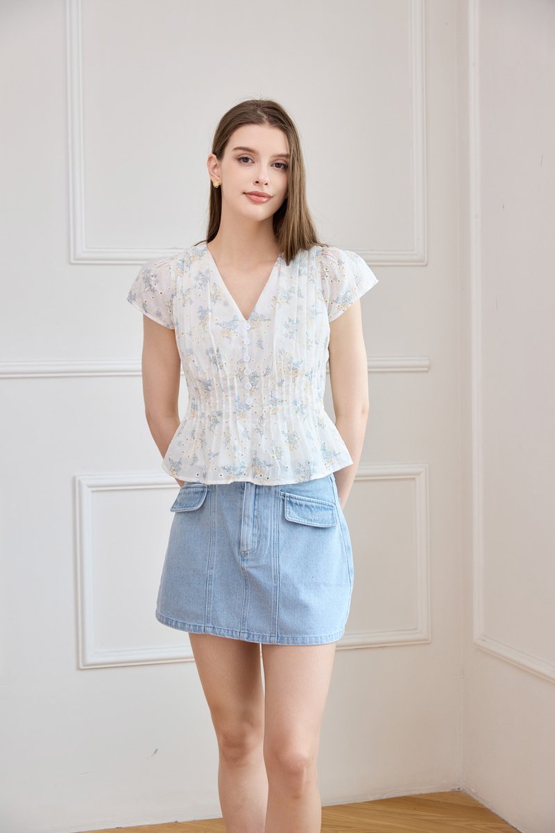 Joy Embroidery Pintuck Floral Top In White