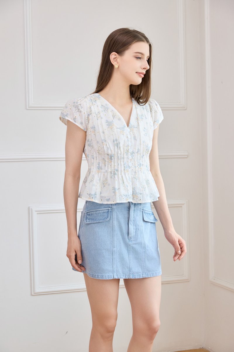 Joy Embroidery Pintuck Floral Top In White