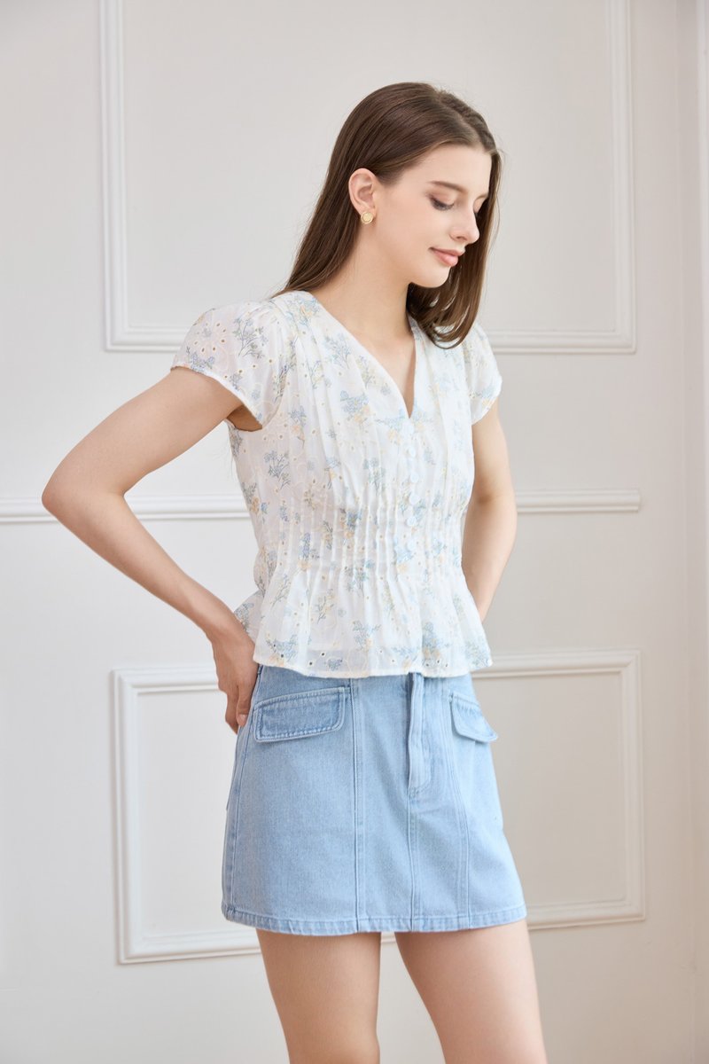 Joy Embroidery Pintuck Floral Top In White