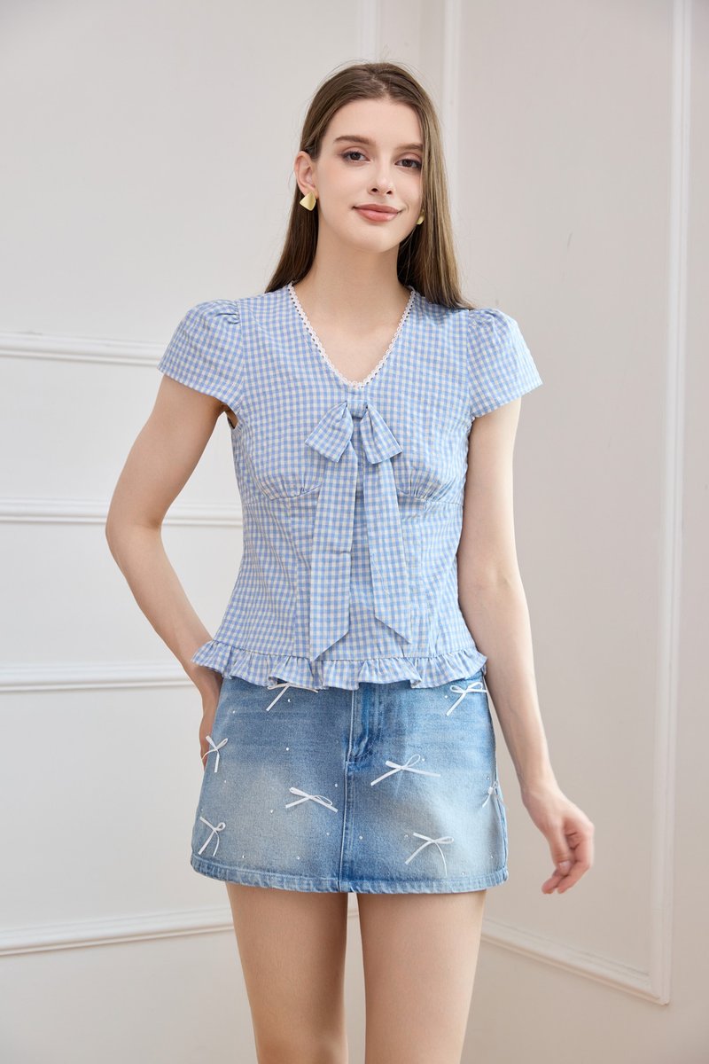 Cassidy Gingham Ruffles Bow Top