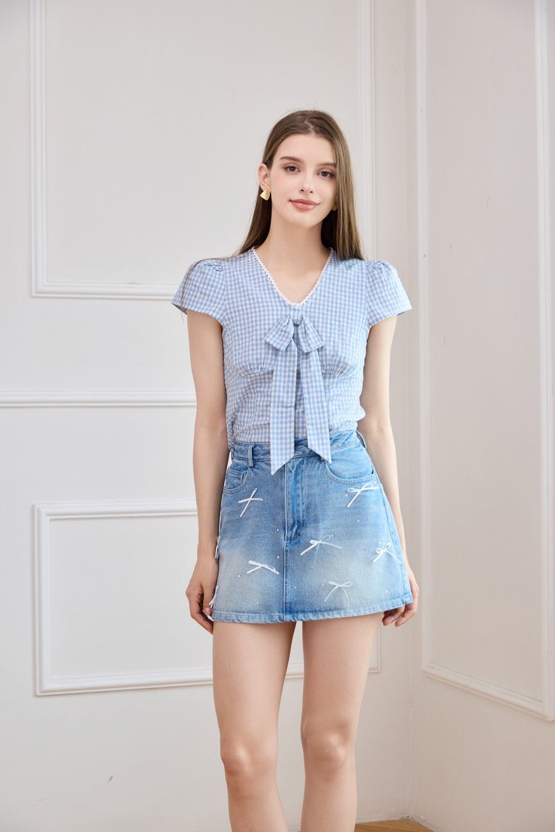 Alondra Denim Ribbon Rhinestone Skort in Mid Wash
