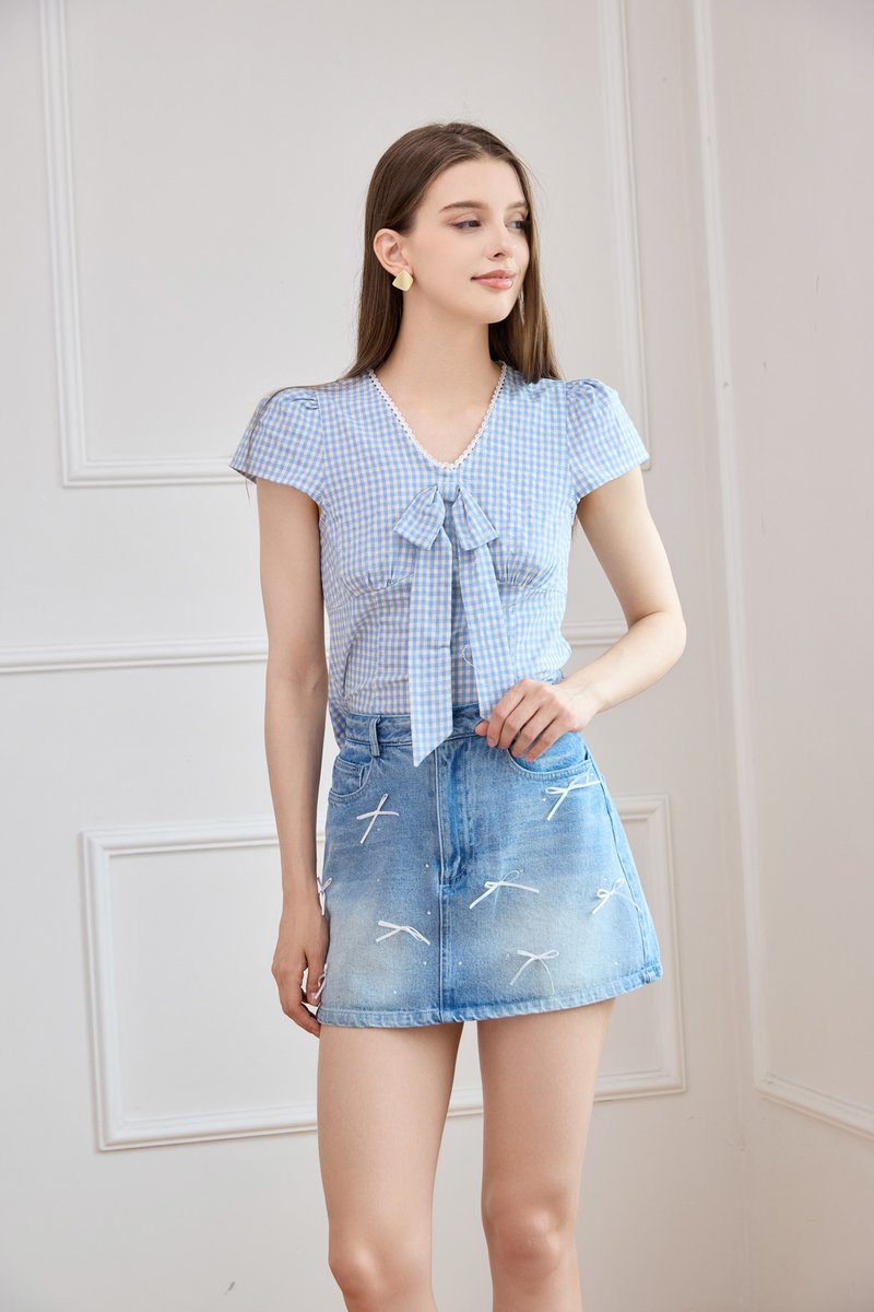 Alondra Denim Ribbon Rhinestone Skort in Mid Wash