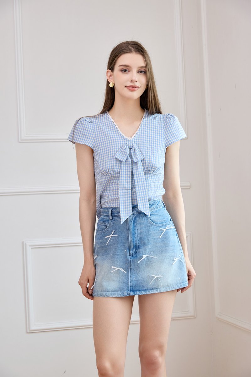 Alondra Denim Ribbon Rhinestone Skort in Mid Wash