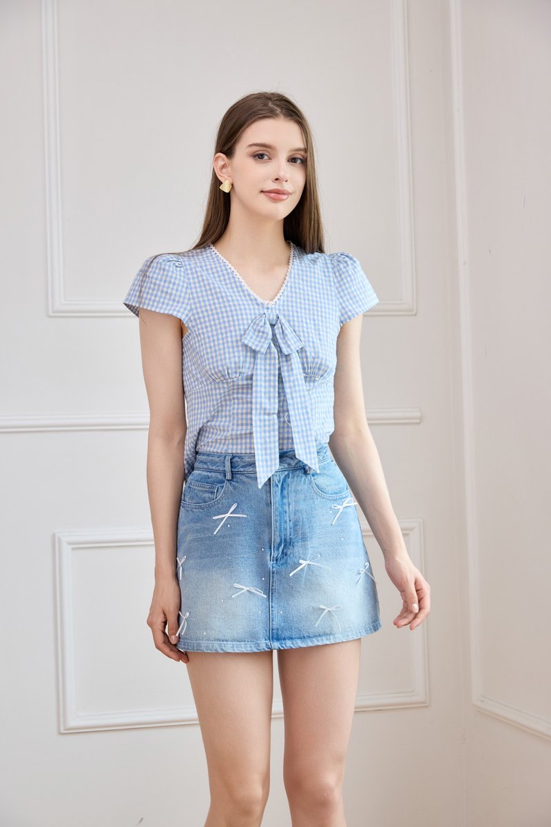 Alondra Denim Ribbon Rhinestone Skort in Mid Wash