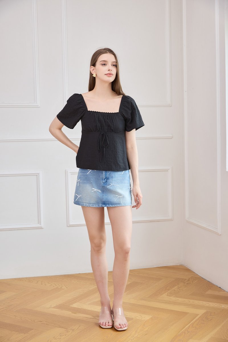 Orianna Crochet Ruched Ribbon Top In Black