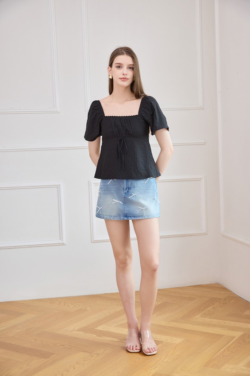 Orianna Crochet Ruched Ribbon Top In Black