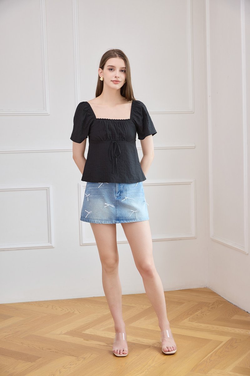 Orianna Crochet Ruched Ribbon Top In Black