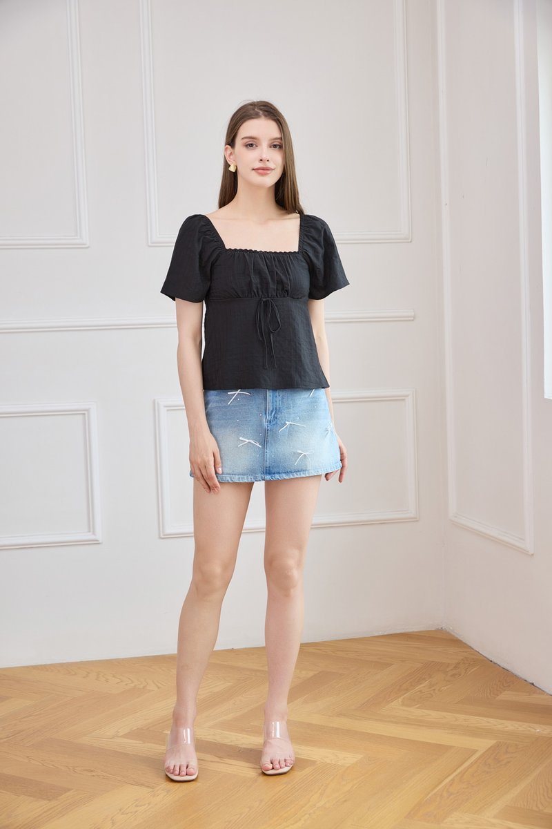 Orianna Crochet Ruched Ribbon Top In Black
