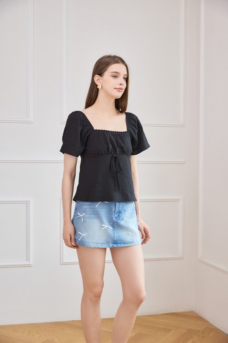 Orianna Crochet Ruched Ribbon Top In Black