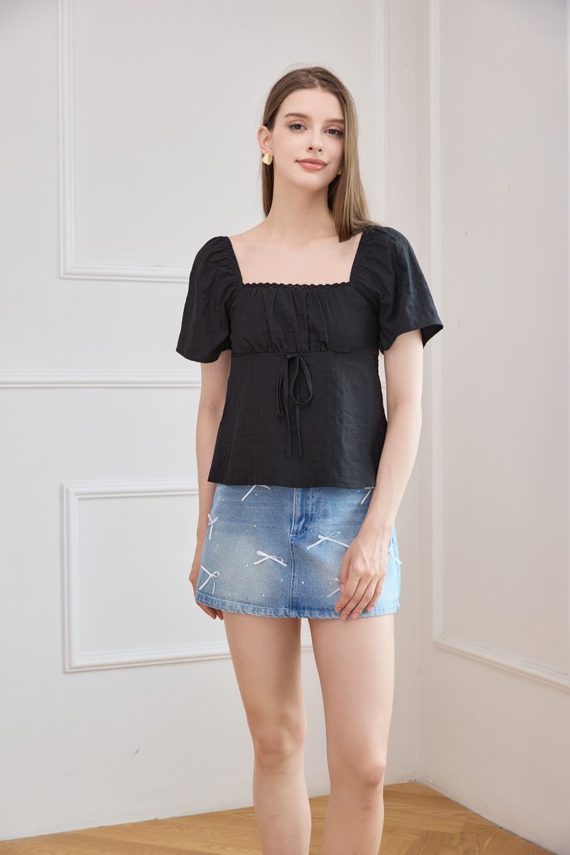 Orianna Crochet Ruched Ribbon Top In Black