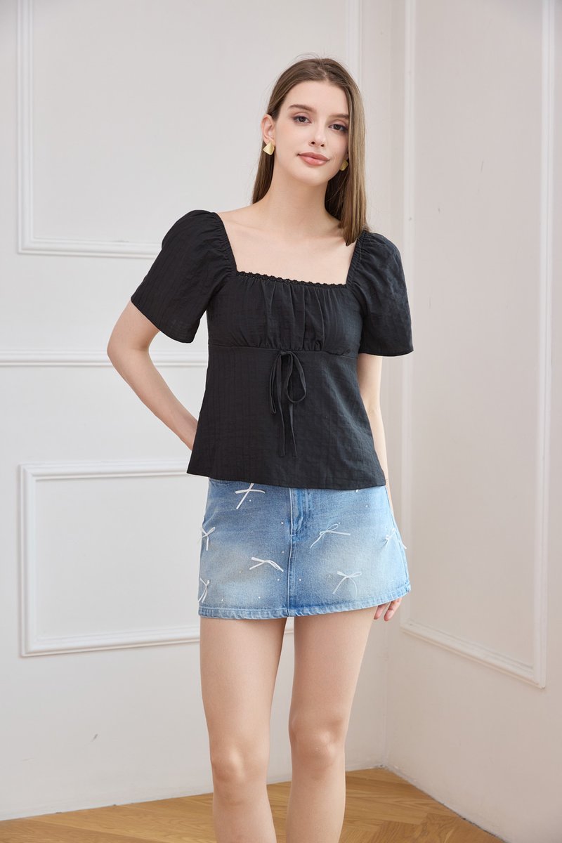 Orianna Crochet Ruched Ribbon Top In Black