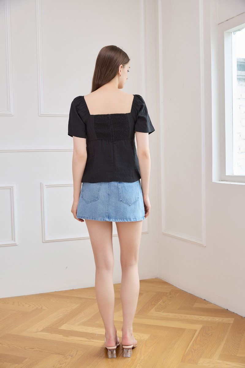 Orianna Crochet Ruched Ribbon Top In Black