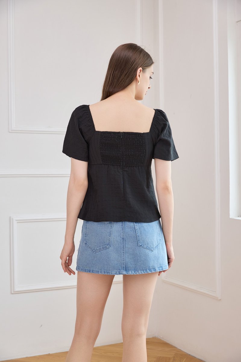 Orianna Crochet Ruched Ribbon Top In Black