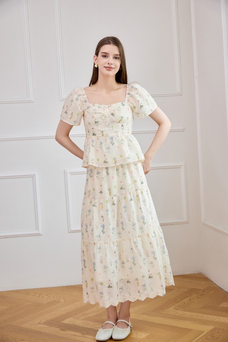 Althea Embroidery Fleur Midi Skirt In Cream