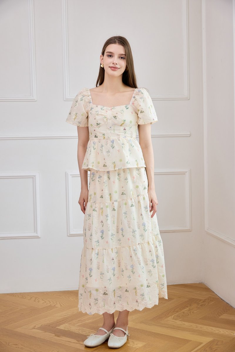 Althea Embroidery Fleur Midi Skirt In Cream