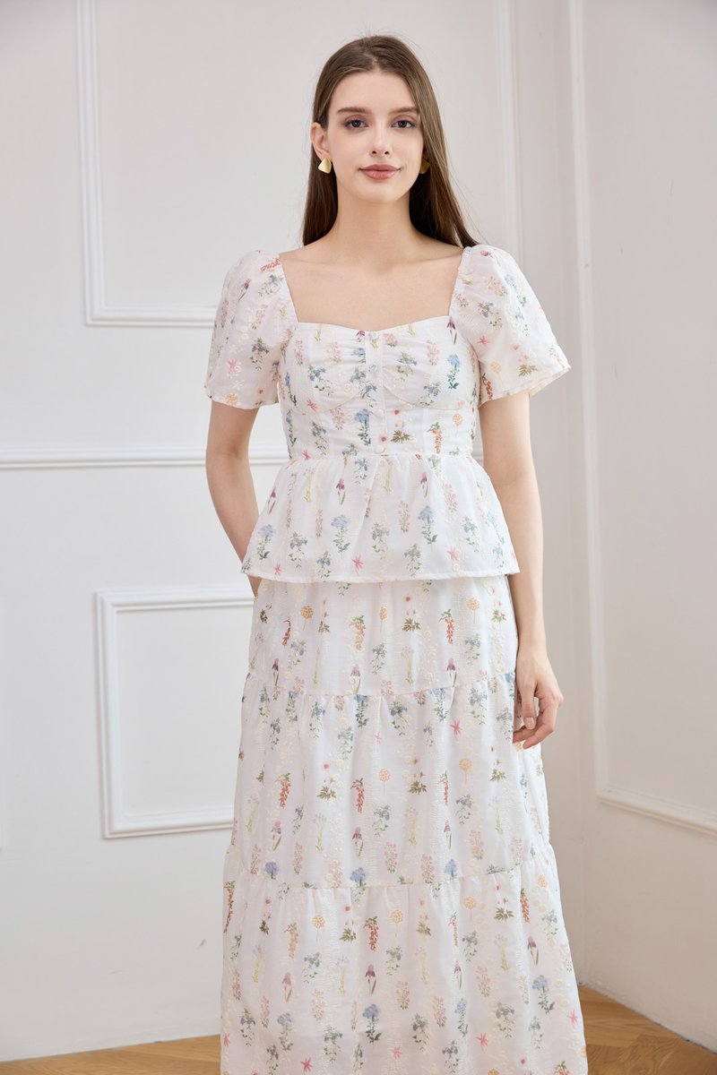 Althea Embroidery Fleur Midi Skirt In White