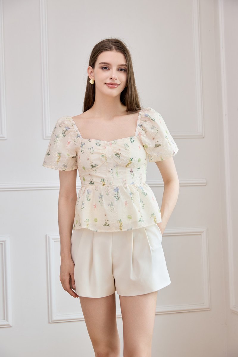 Althea Embroidery Fleur Babydoll Top In Cream