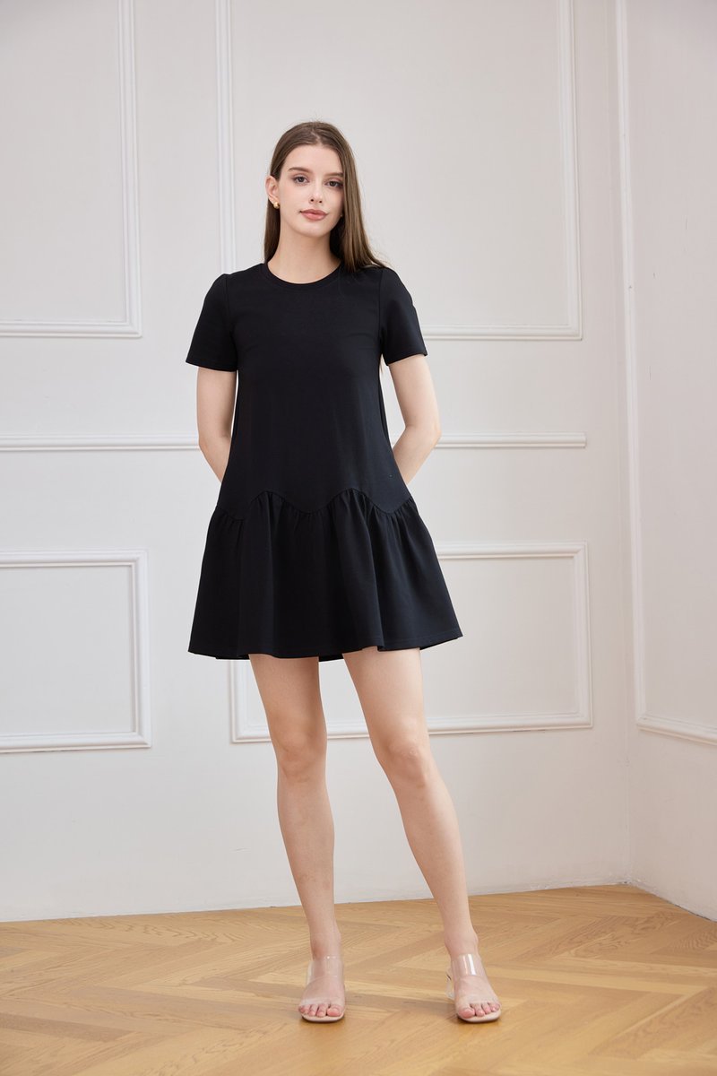Tulia Cotton Scallop Dropwaist Dress In Black