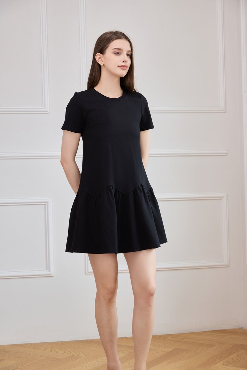 Tulia Cotton Scallop Dropwaist Dress In Black