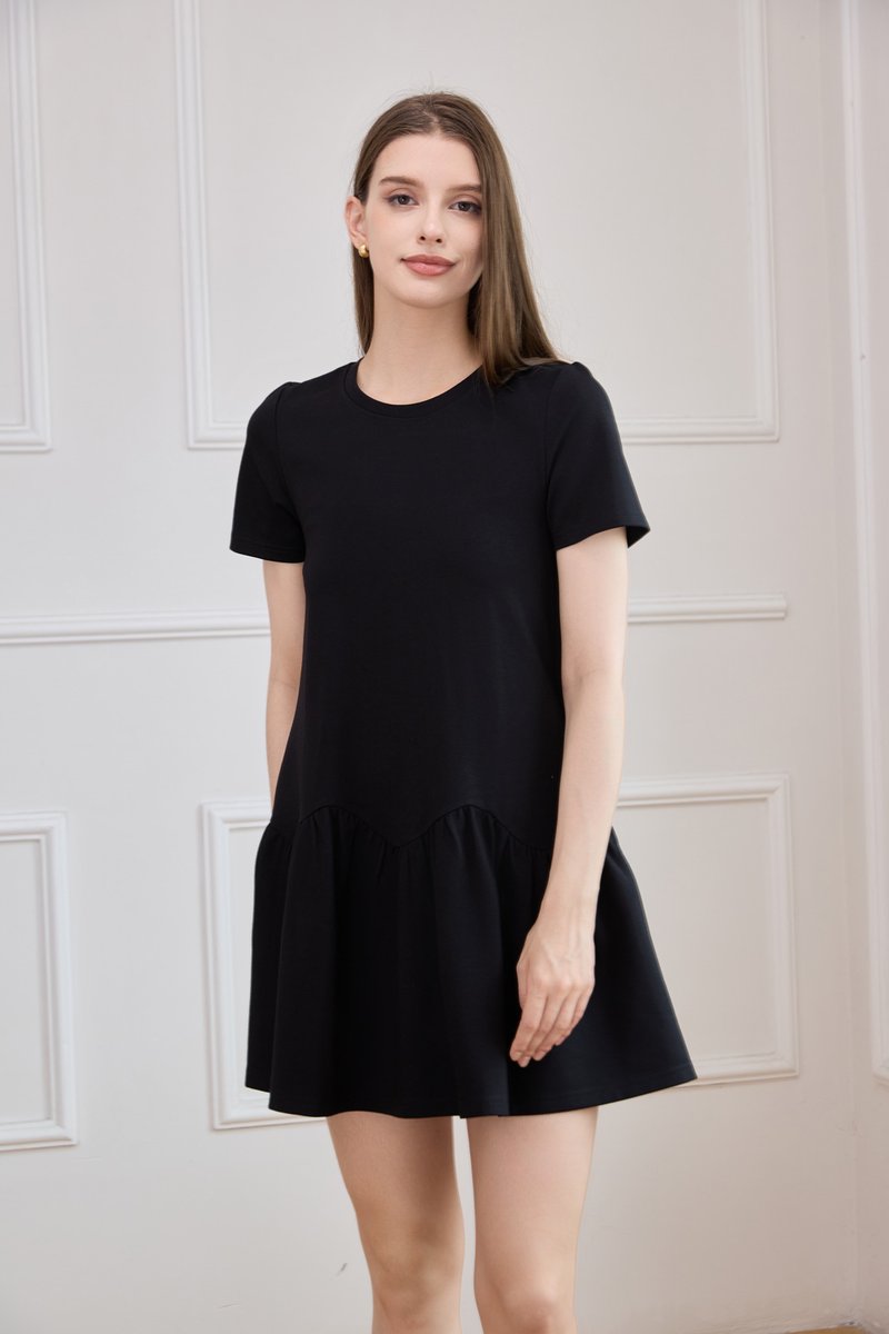 Tulia Cotton Scallop Dropwaist Dress In Black